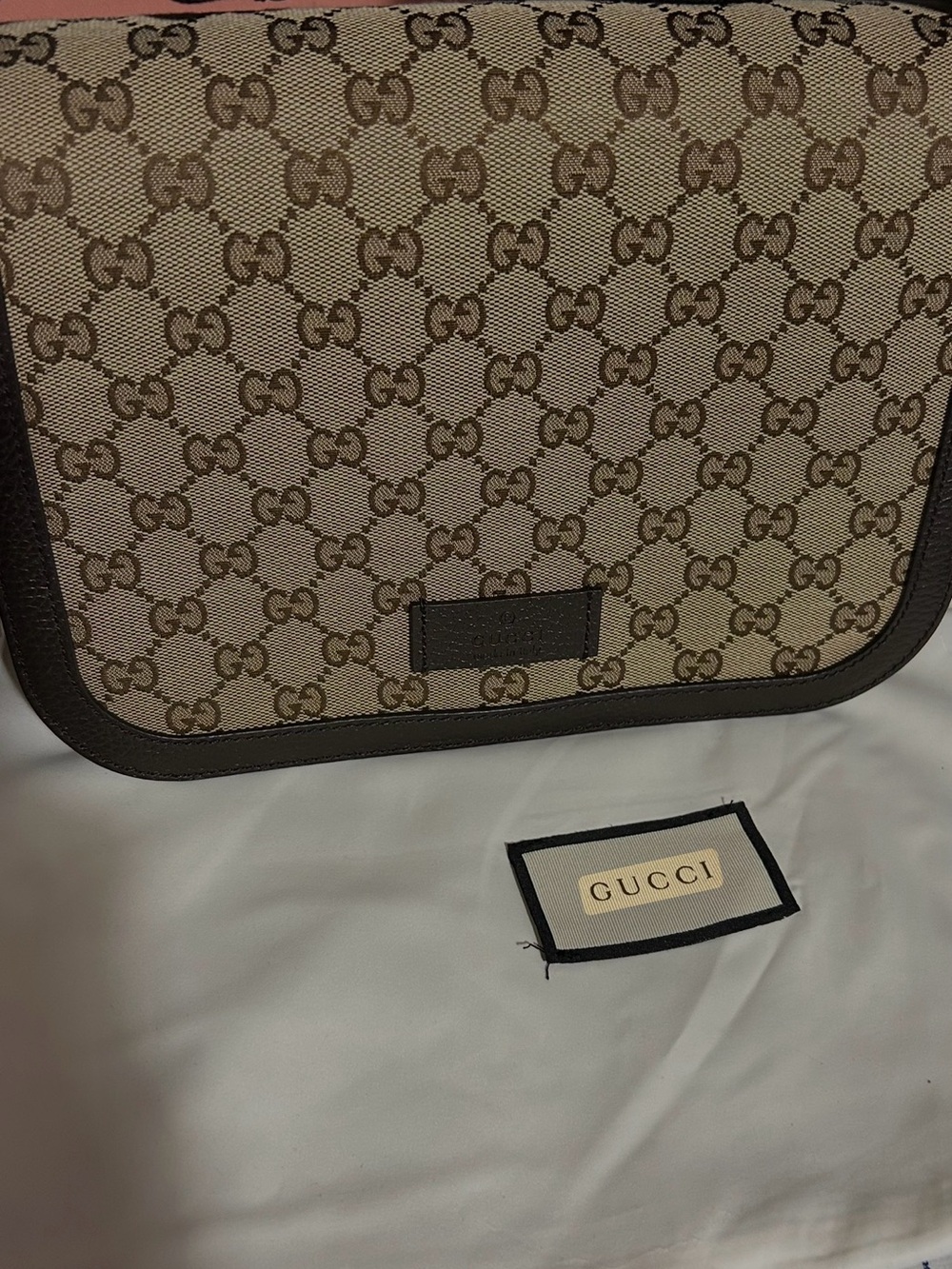 Gucci Beige GG Canvas Crossbody with Brown Trim (authentic)